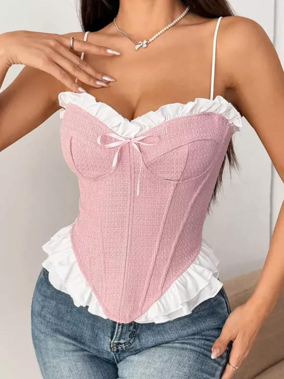 Corset rose Coquette à volants sexy sans manches bretelles décolleté péplum laçage