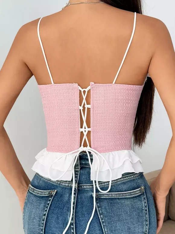 Corset rose Coquette à volants sexy sans manches bretelles décolleté péplum laçage