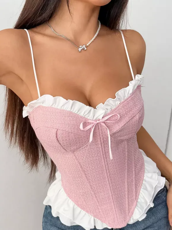 Corset rose Coquette à volants sexy sans manches bretelles décolleté péplum laçage