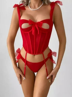 Corset rouge sexy en polyester à lacets ensemble de lingerie 2 pièces avec pantalon