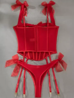 Corset rouge sexy en polyester à lacets ensemble de lingerie 2 pièces avec pantalon
