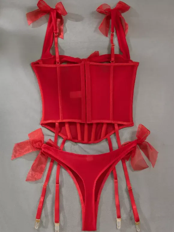 Corset rouge sexy en polyester à lacets ensemble de lingerie 2 pièces avec pantalon