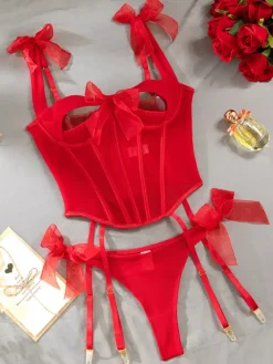 Corset rouge sexy en polyester à lacets ensemble de lingerie 2 pièces avec pantalon