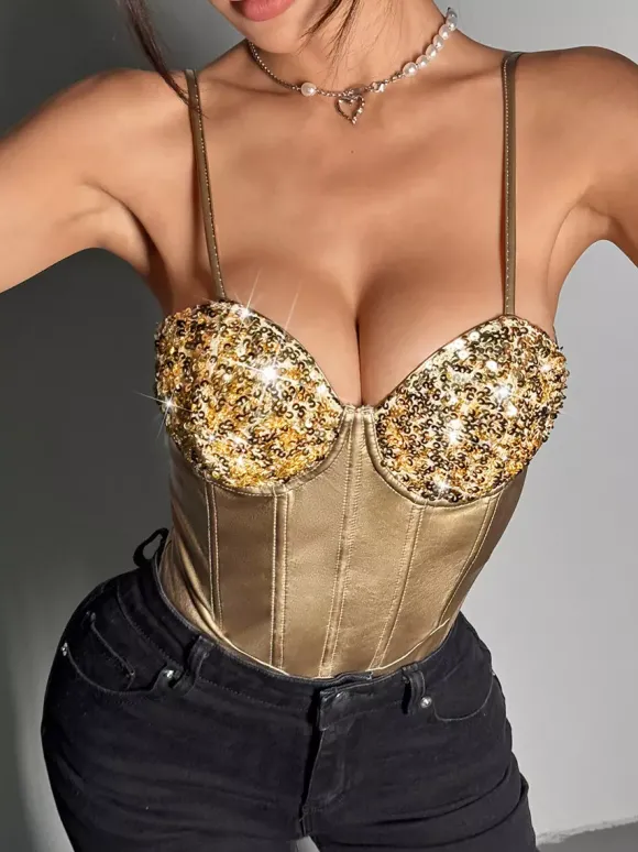Corset argenté chic sans manches à bretelles et décolleté ajusté tops à sequins
