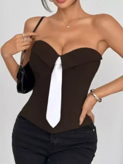 Corset blanc sexy sans manches gris style blazer à rayures