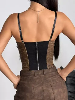 Corset bleu ciel clair sexy sans manches à bretelles col ajusté fermeture éclair en dentelle