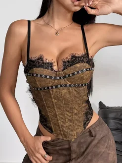 Corset bleu ciel clair sexy sans manches à bretelles col ajusté fermeture éclair en dentelle