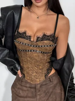 Corset bleu ciel clair sexy sans manches à bretelles col ajusté fermeture éclair en dentelle
