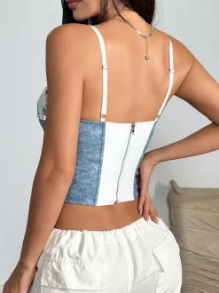 Corset bleu ciel clair sexy sans manches à bretelles col ajusté fermeture éclair en dentelle