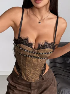 Corset bleu ciel clair sexy sans manches à bretelles col ajusté fermeture éclair en dentelle