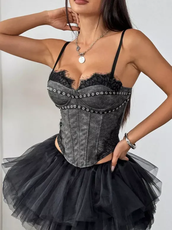 Corset bleu ciel clair sexy sans manches à bretelles col ajusté fermeture éclair en dentelle