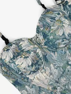 Corset bleu rétro sans manches imprimé coupe ajustée