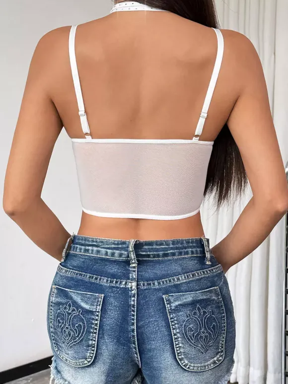 Corset bordeaux sexy sans manches à bretelles croisées en dentelle coupe ajustée décolleté plongeant