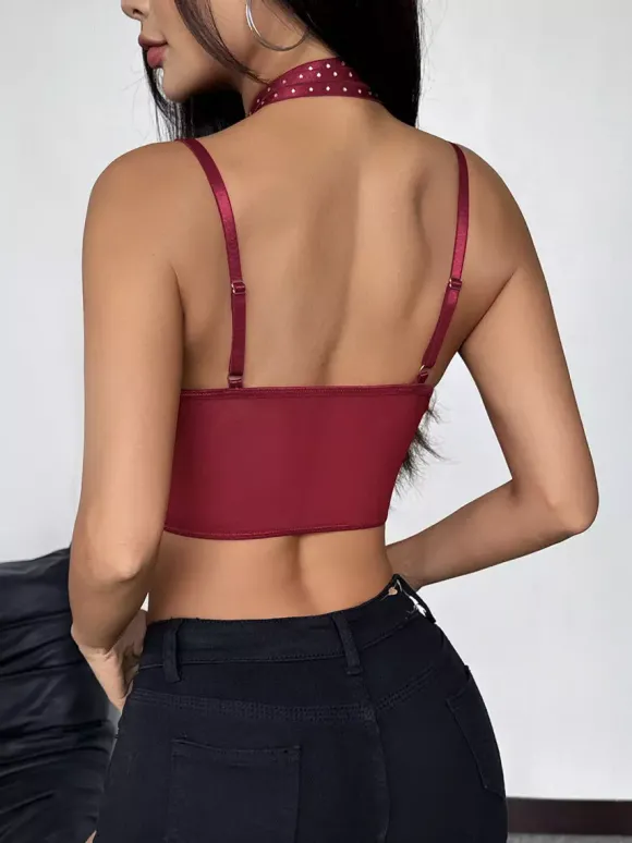 Corset bordeaux sexy sans manches à bretelles croisées en dentelle coupe ajustée décolleté plongeant