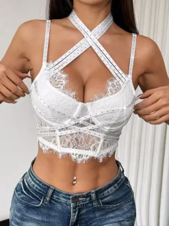 Corset bordeaux sexy sans manches à bretelles croisées en dentelle coupe ajustée décolleté plongeant