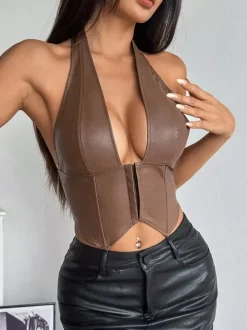 Corset bordeaux sexy sans manches coupe ajustée en dentelle