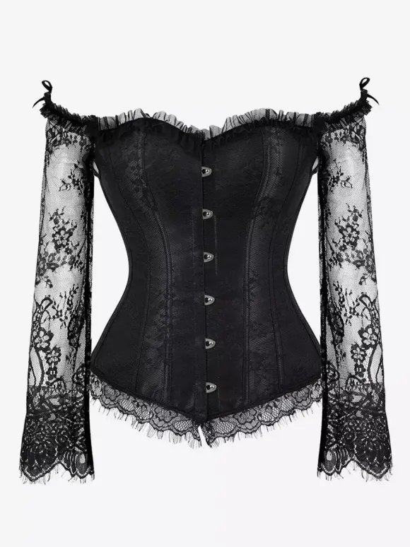 Corset bustier à manches longues en dentelle florale à épaules dénudées et fermeture à agrafes au dos.