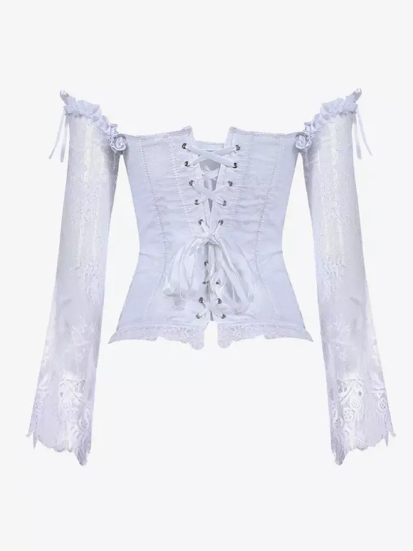 Corset bustier à manches longues en dentelle florale à épaules dénudées et fermeture à agrafes au dos.
