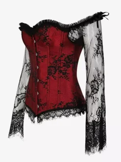 Corset bustier à manches longues en dentelle florale à épaules dénudées et fermeture à agrafes au dos.