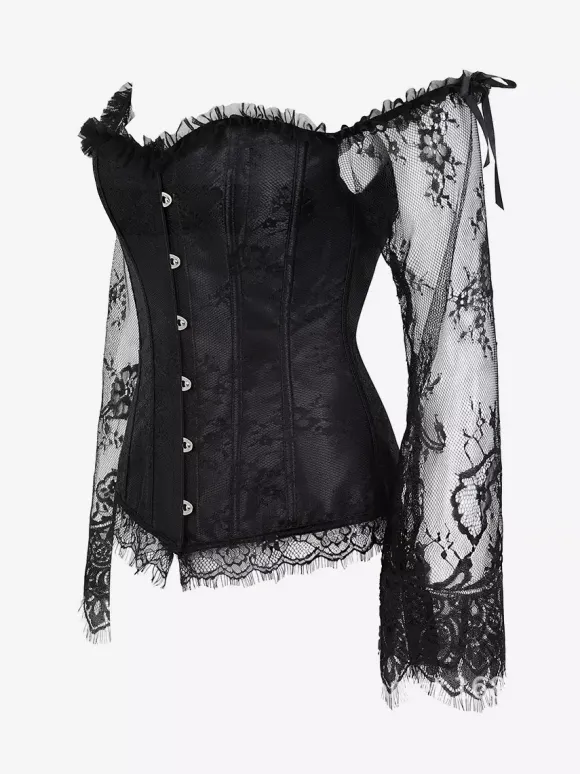 Corset bustier à manches longues en dentelle florale à épaules dénudées et fermeture à agrafes au dos.