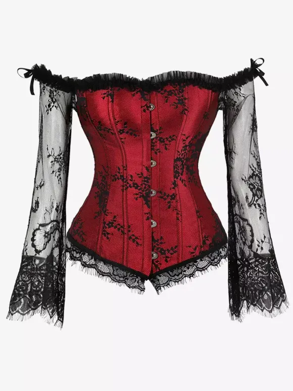Corset bustier à manches longues en dentelle florale à épaules dénudées et fermeture à agrafes au dos.