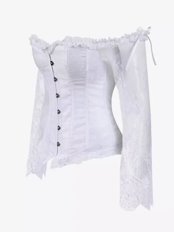 Corset bustier à manches longues en dentelle florale à épaules dénudées et fermeture à agrafes au dos.