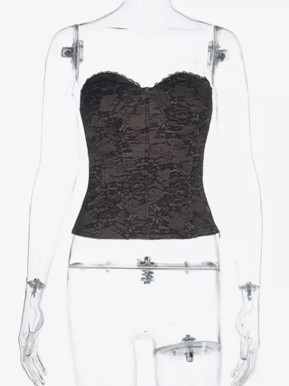 Corset en dentelle florale pour femme - Bustier noir à décolleté c艙ur - Camisole sexy style gothique coquette pour une soirée 2026