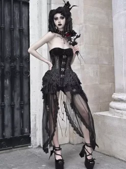 Corset gothique Lolita pour femme robe Lolita noire à lacets en polyester