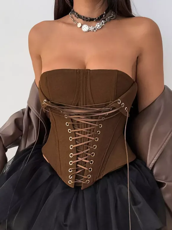 Corset marron sexy sans manches coupe ajustée à lacets