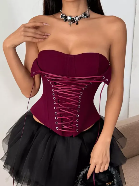 Corset marron sexy sans manches coupe ajustée à lacets