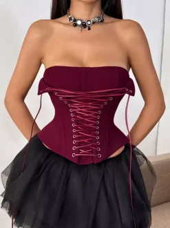 Corset marron sexy sans manches coupe ajustée à lacets