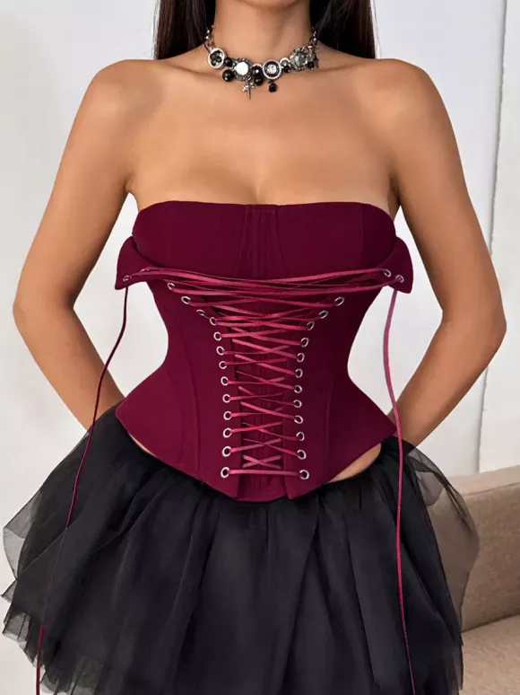 Corset marron sexy sans manches coupe ajustée à lacets