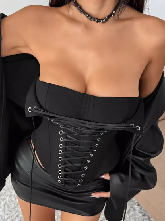 Corset marron sexy sans manches coupe ajustée à lacets