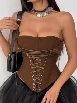 Corset marron sexy sans manches coupe ajustée à lacets