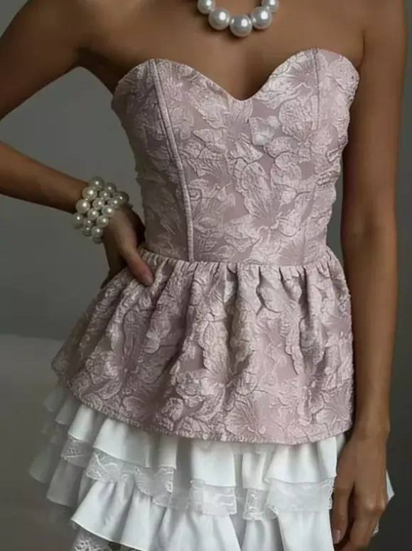 Corset noir sexy à lacets sans bretelles en jacquard péplum