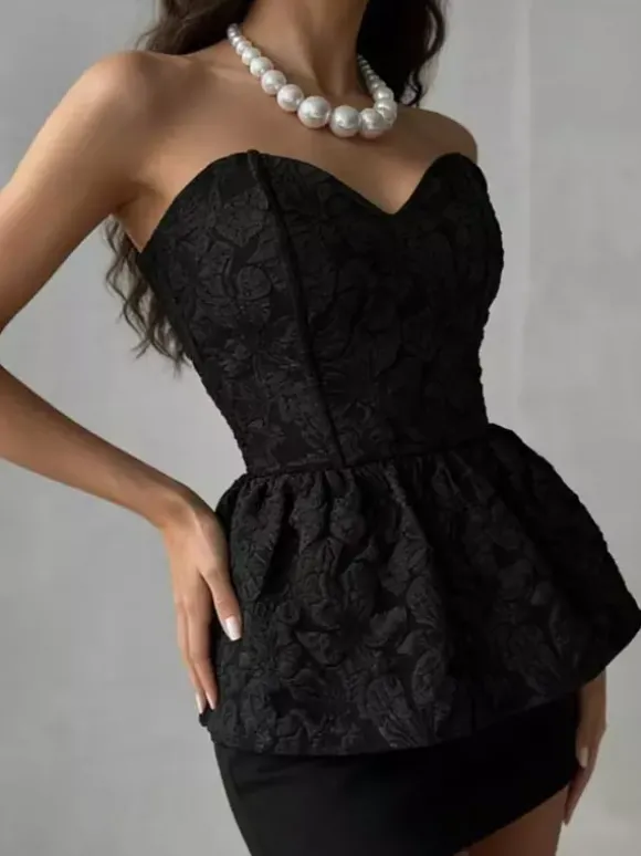 Corset noir sexy à lacets sans bretelles en jacquard péplum