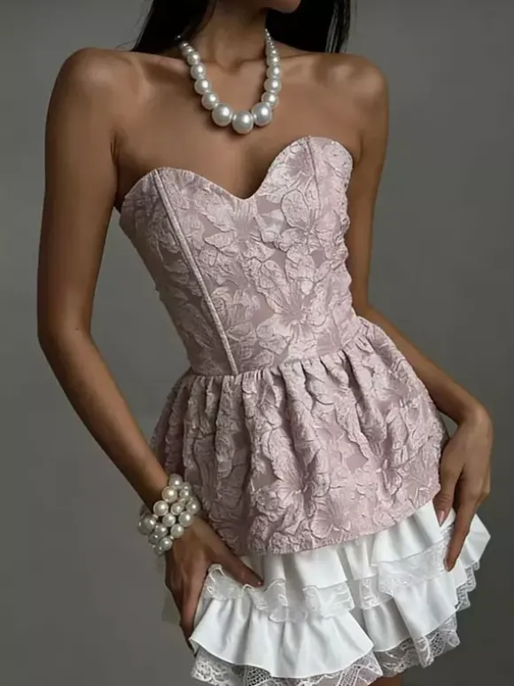 Corset noir sexy à lacets sans bretelles en jacquard péplum
