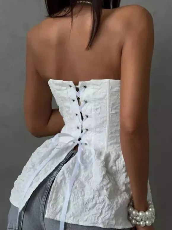 Corset noir sexy à lacets sans bretelles en jacquard péplum