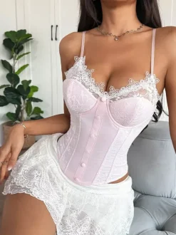 Corset rose chic sans manches à bretelles col ajusté dentelle hauts à lacets
