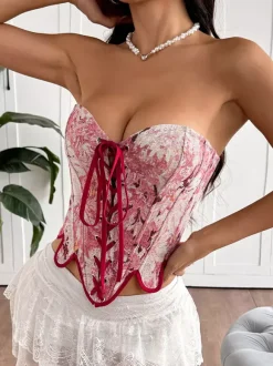 Corset rose à imprimé floral sans manches et sans bretelles avec laçage sur le devant