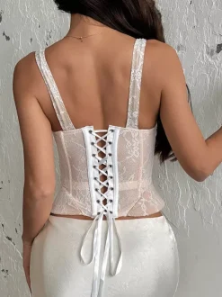 Corsets abricot sexy sans manches à bretelles décolleté ajusté dentelle hauts à lacets