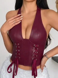 Corsets bordeaux sexy sans manches coupe ajustée cordon de serrage et fermeture éclair en PU