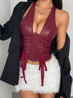 Corsets bordeaux sexy sans manches coupe ajustée cordon de serrage et fermeture éclair en PU