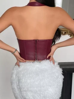 Corsets bordeaux sexy sans manches coupe ajustée cordon de serrage et fermeture éclair en PU
