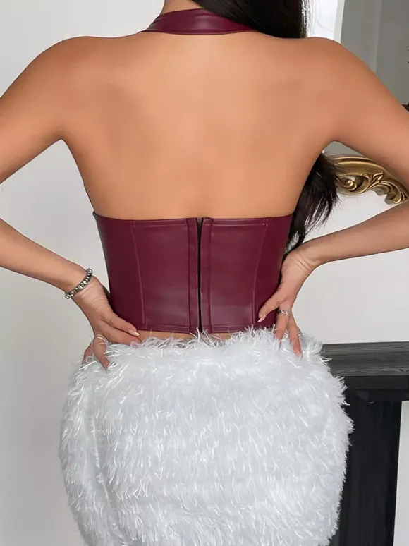 Corsets bordeaux sexy sans manches coupe ajustée cordon de serrage et fermeture éclair en PU