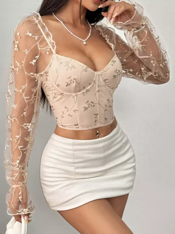 Corsets noirs chics à manches illusion manches longues bretelles col ajusté hauts transparents à lacets