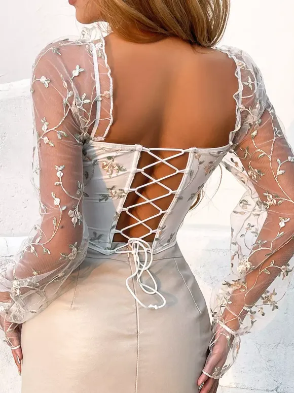 Corsets noirs chics à manches illusion manches longues bretelles col ajusté hauts transparents à lacets