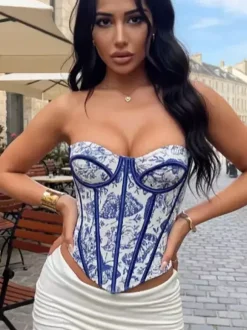 Corsets tops bleus à lacets imprimé floral streetwear lingerie bohème