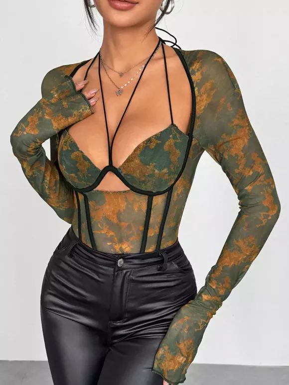 Corsets vert foncé sexy à manches évasées et coupe ajustée