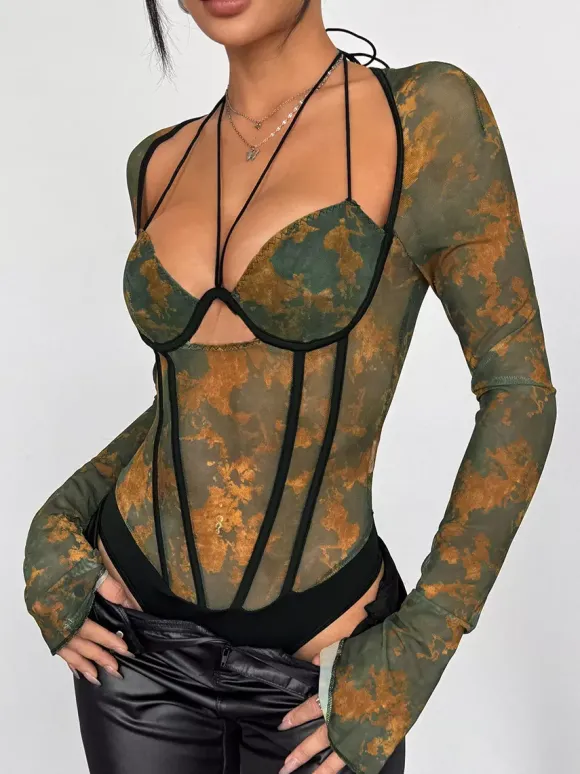 Corsets vert foncé sexy à manches évasées et coupe ajustée